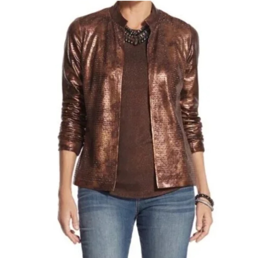Chico's Faux Snake Skin Studded Open Front Bronze Brown Lined Jacket 0/S